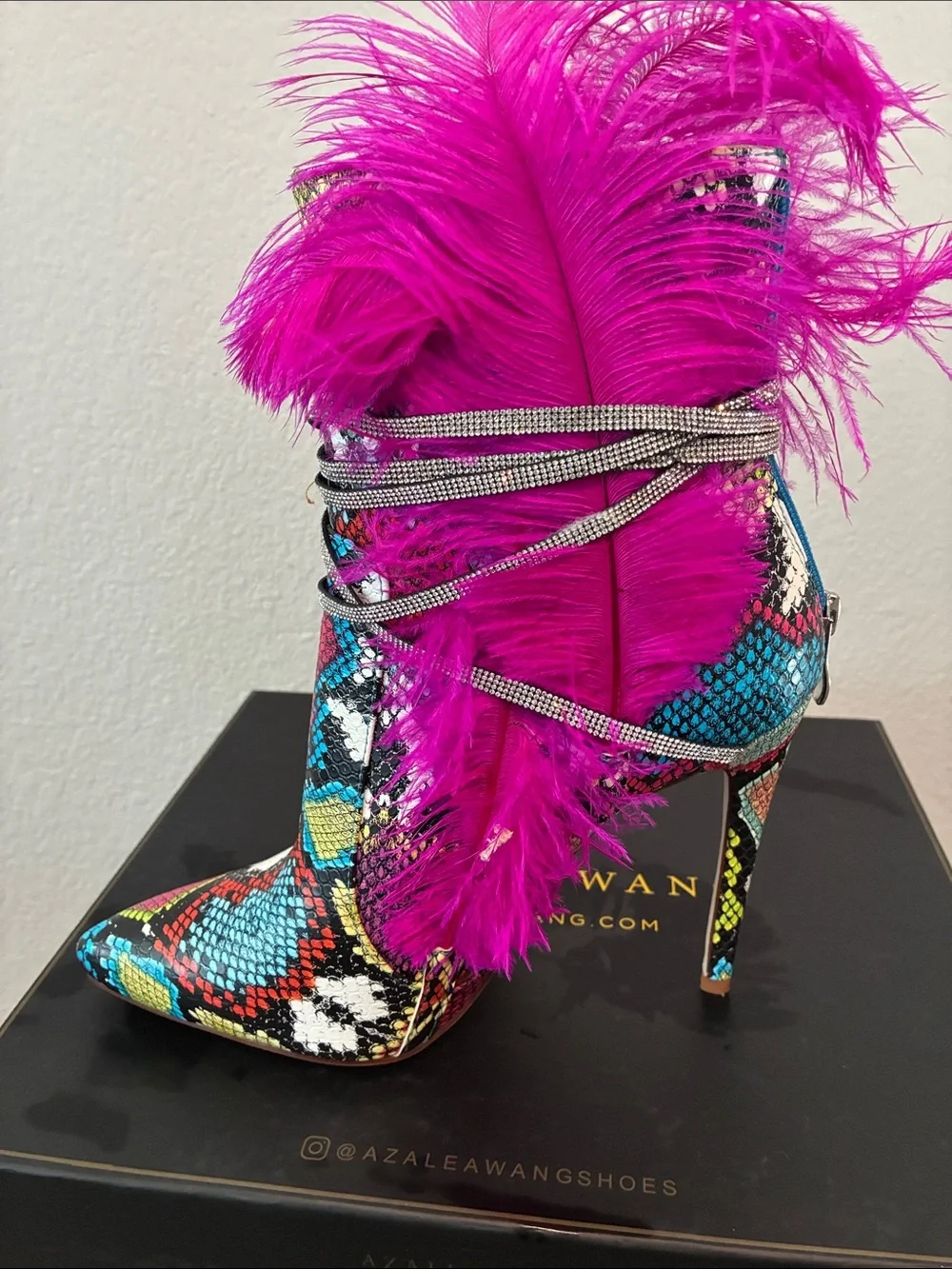 Azalea Wang Pink Feathered Snakeskin-Print Stiletto Bootie